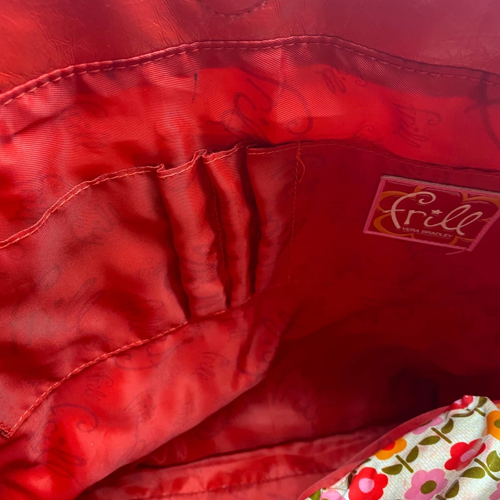 Vera Bradley Frill large tote shoulder bag red patent trim floral body - Picture 9 of 13